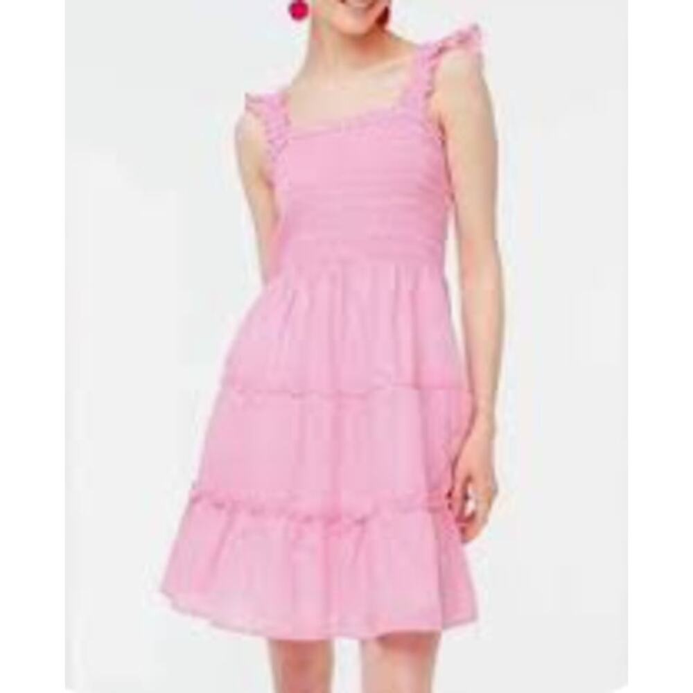 J. Crew Factory Pink striped smocked tiered mini dress. Size Large